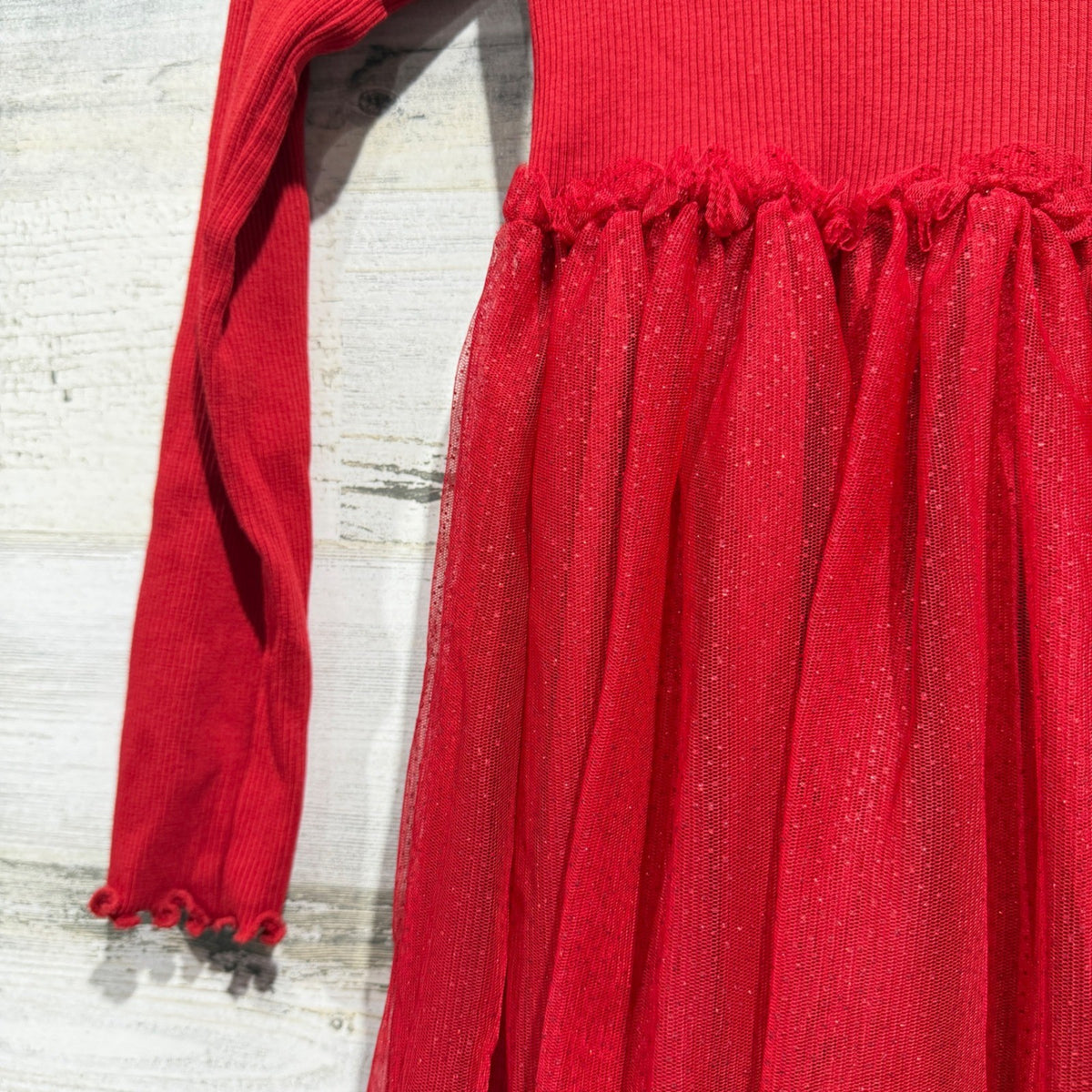 H&M Tulle Skirt Ribbed Dress Girls 6X/7 Red Cotton Blend Holiday Flawed*4