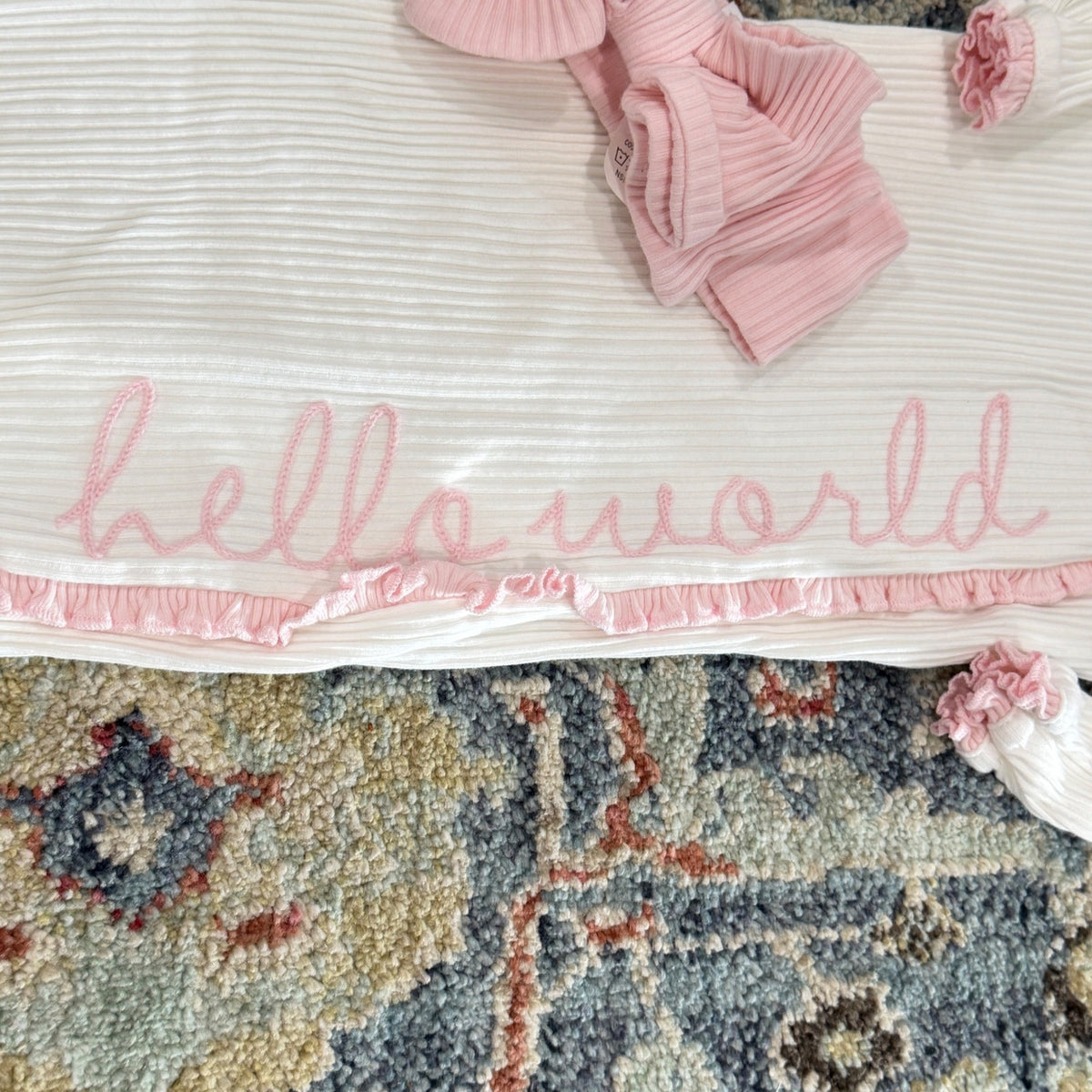 Mud Pie Hello World Sleeper Gown Girls 0-3M White Pink Ruffle Ribbed EUC4