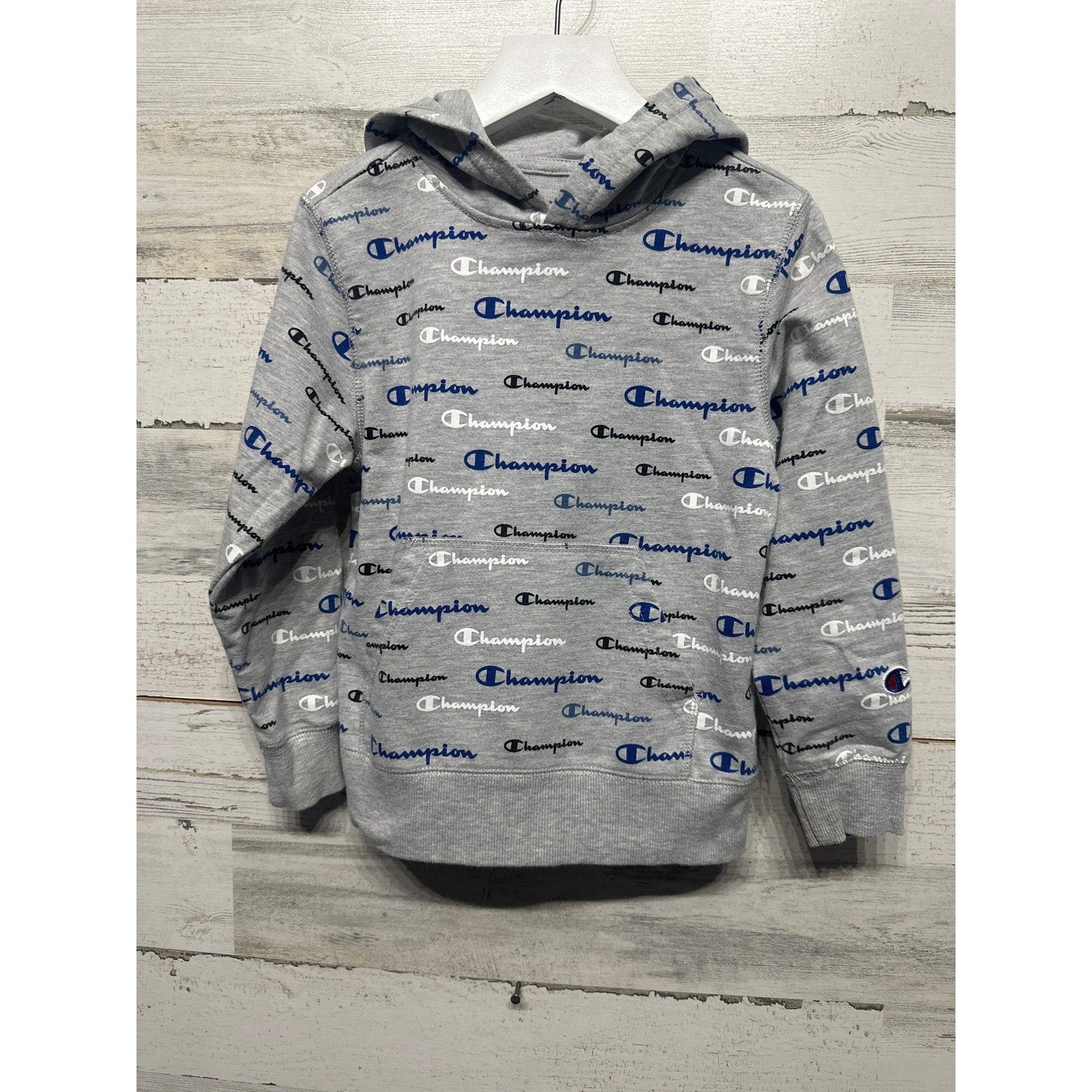 Champion Hoodie Boys 6 Gray All Over Script Logo Print EUC0