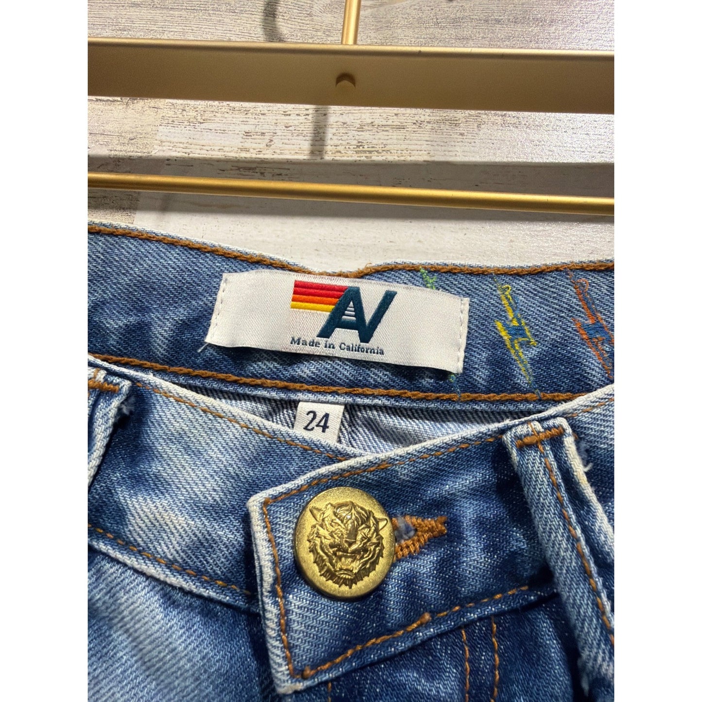 Aviation Nation Denim Shorts Women 24 Blue Distressed Patch Lightning Bolt*1