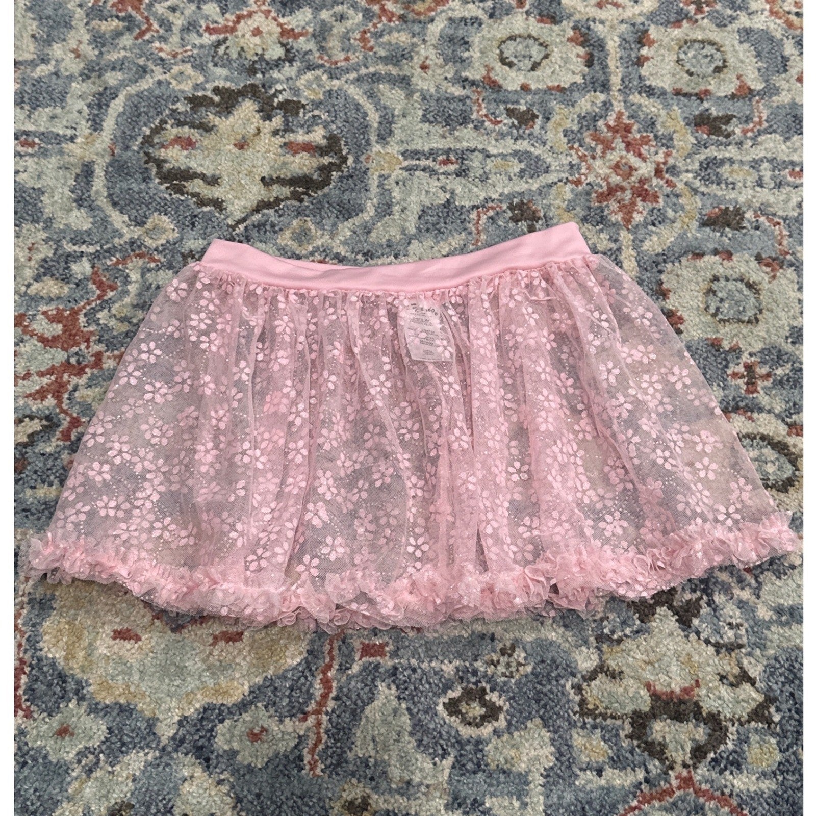 Capezio Dance Skirt Girls Large Pink Glitter Floral Ruffle Ballet EUC0
