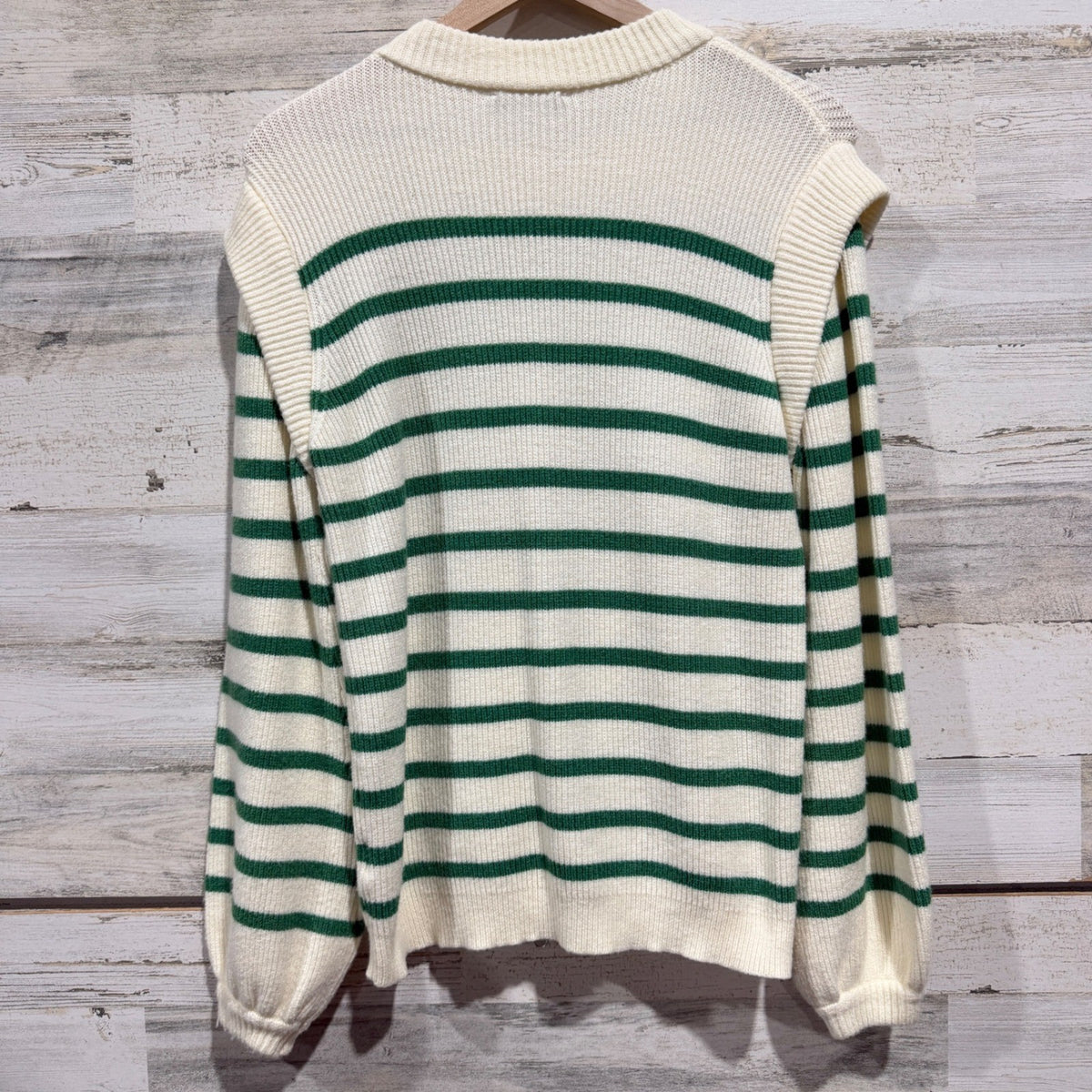 PrettyGarden Sweater Women S Green White Striped Cap Sleeve Detail Preppy EUC4