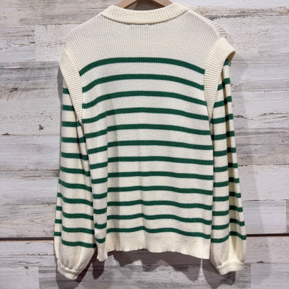 PrettyGarden Sweater Women S Green White Striped Cap Sleeve Detail Preppy EUC4
