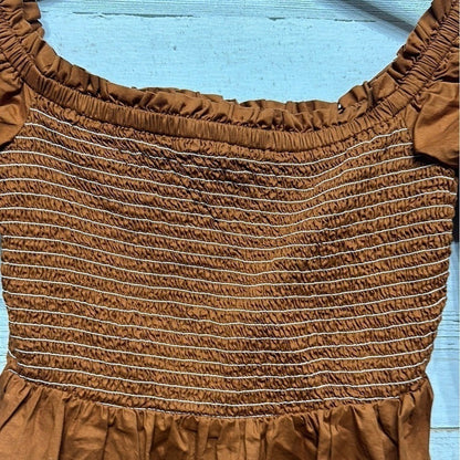 Old Navy Smocked Peplum Top Women Size S Rust Brown Puff Sleeve EUC1