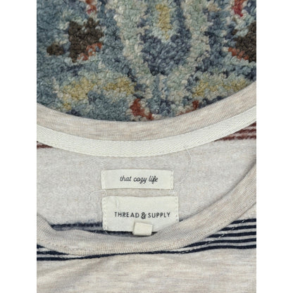 Thread & Supply Striped Pullover Women XL Tan Navy Burgundy Cozy Life EUC1