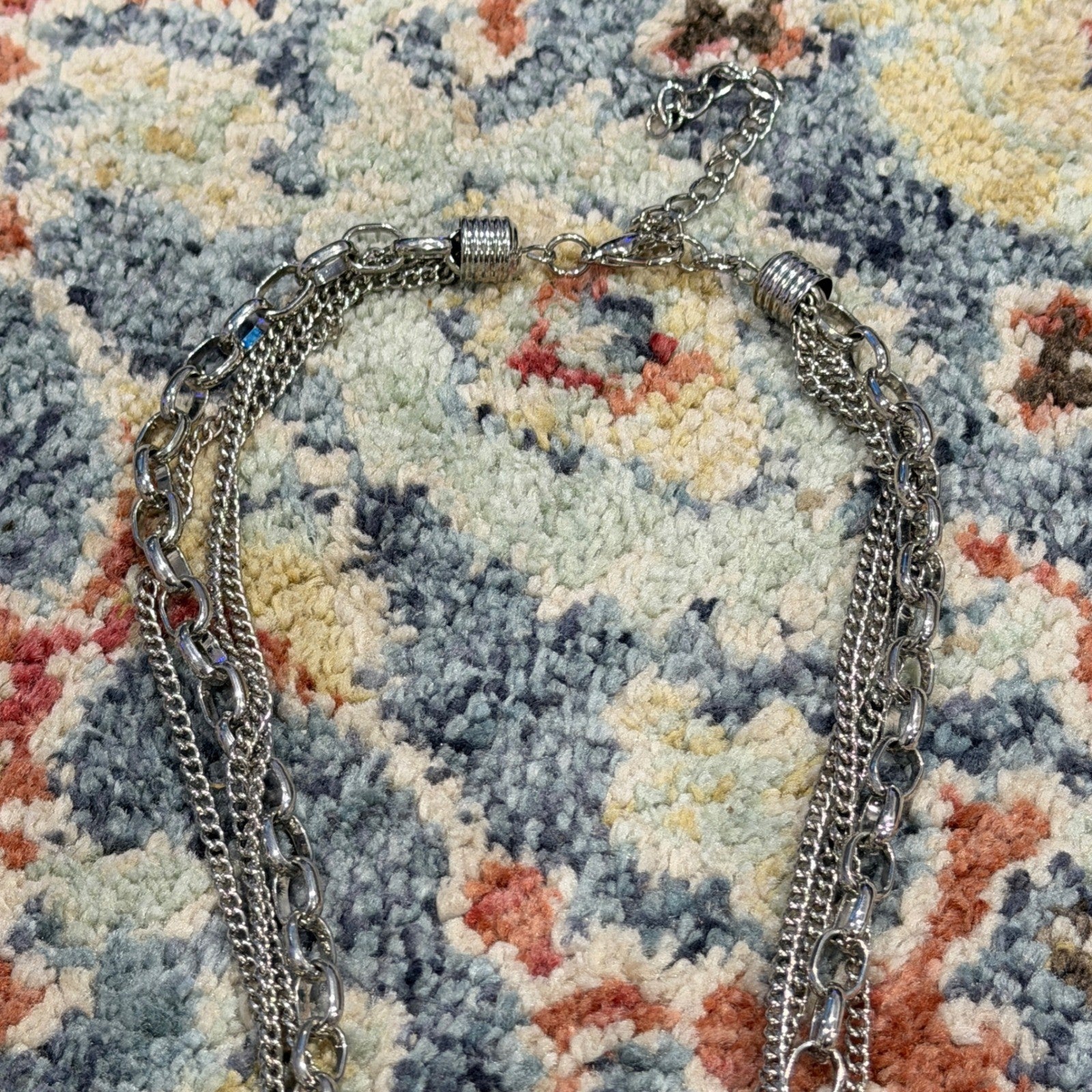 Statement Necklace Women Silver Grey Crystal Layered Edgy EUC2