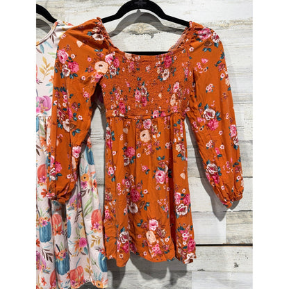 Art Class Mila & Rose Dresses Girls 7/8 Orange Pink Floral Pumpkin Fall EUC1