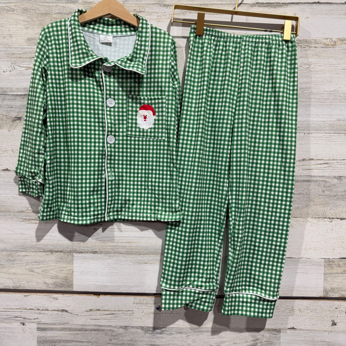 Boutique Pajama Set Kids 6-7 Green Gingham Santa Holiday Christmas NWOT0