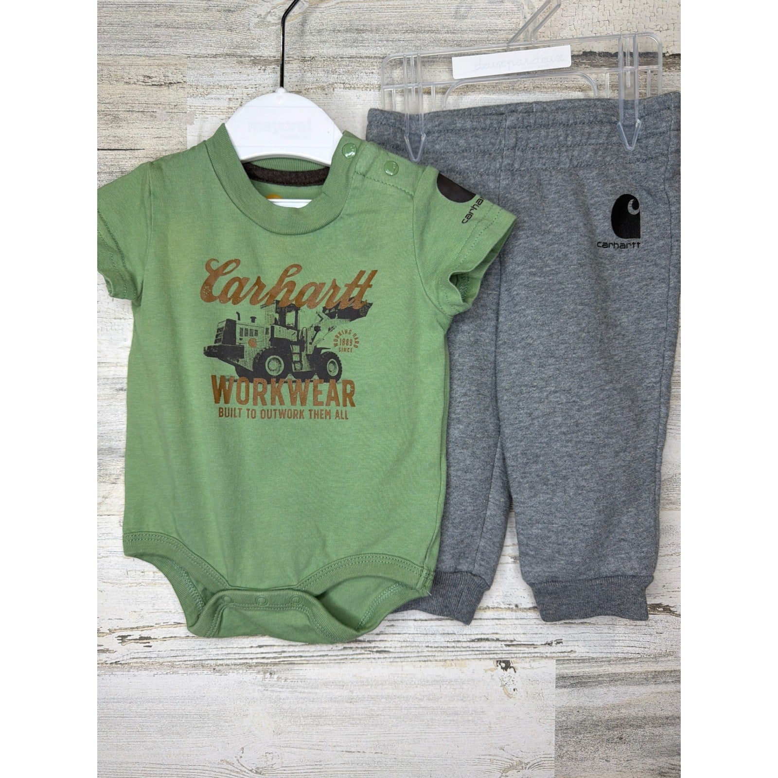 Carhartt Bodysuit Pant Set Boys 3M Green Gray Tractor Workwear Gorpcore EUC0