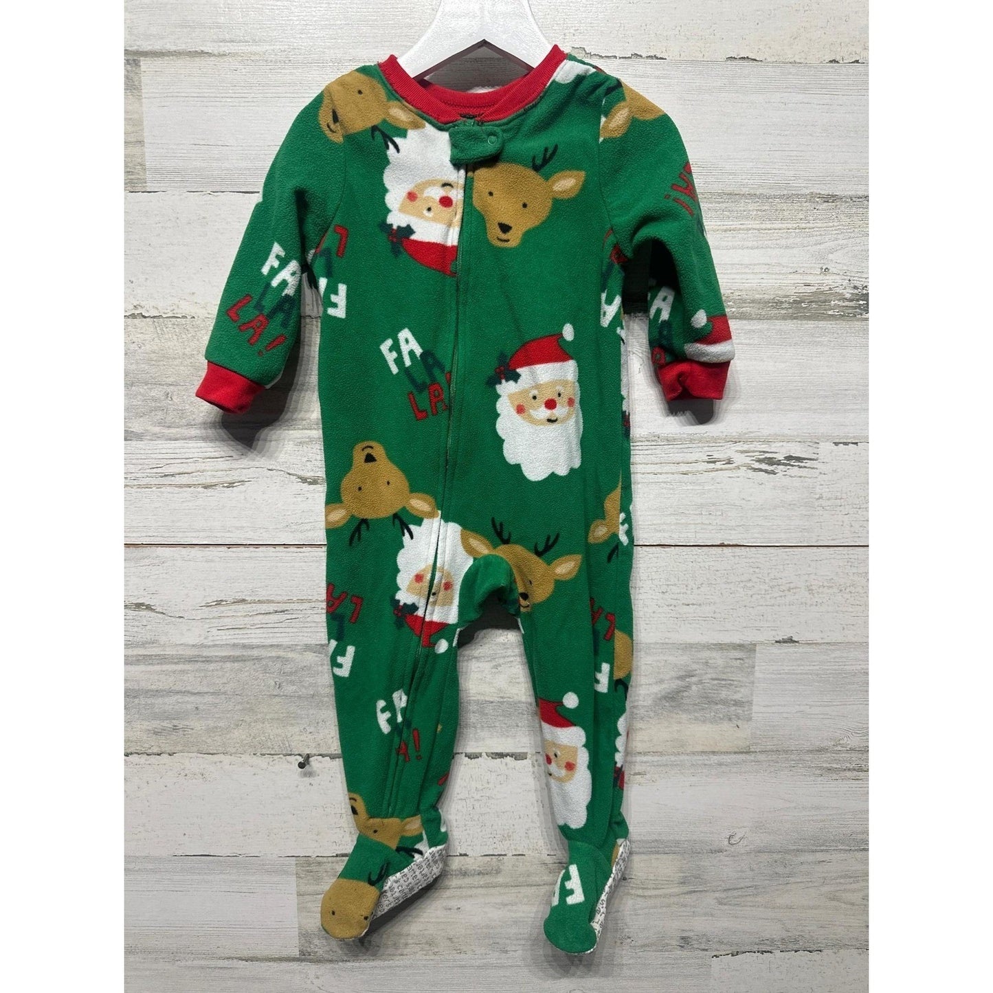 Carter's Footed Pajamas Boy 18M Green Santa Reindeer Fleece Holiday EUC0