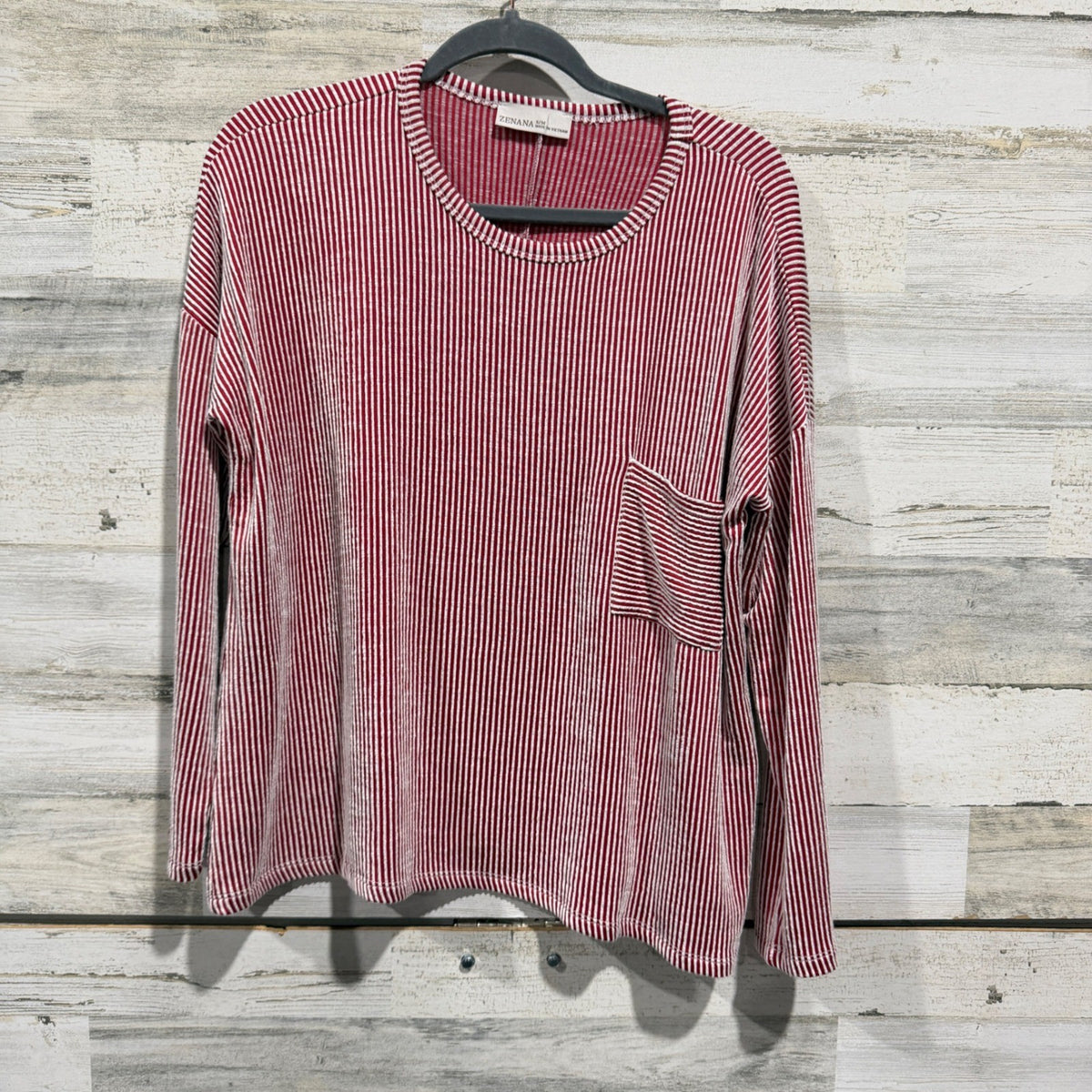 Zenana Long Sleeve Top Women S/M Red White Striped Rayon Blend Casual EUC0