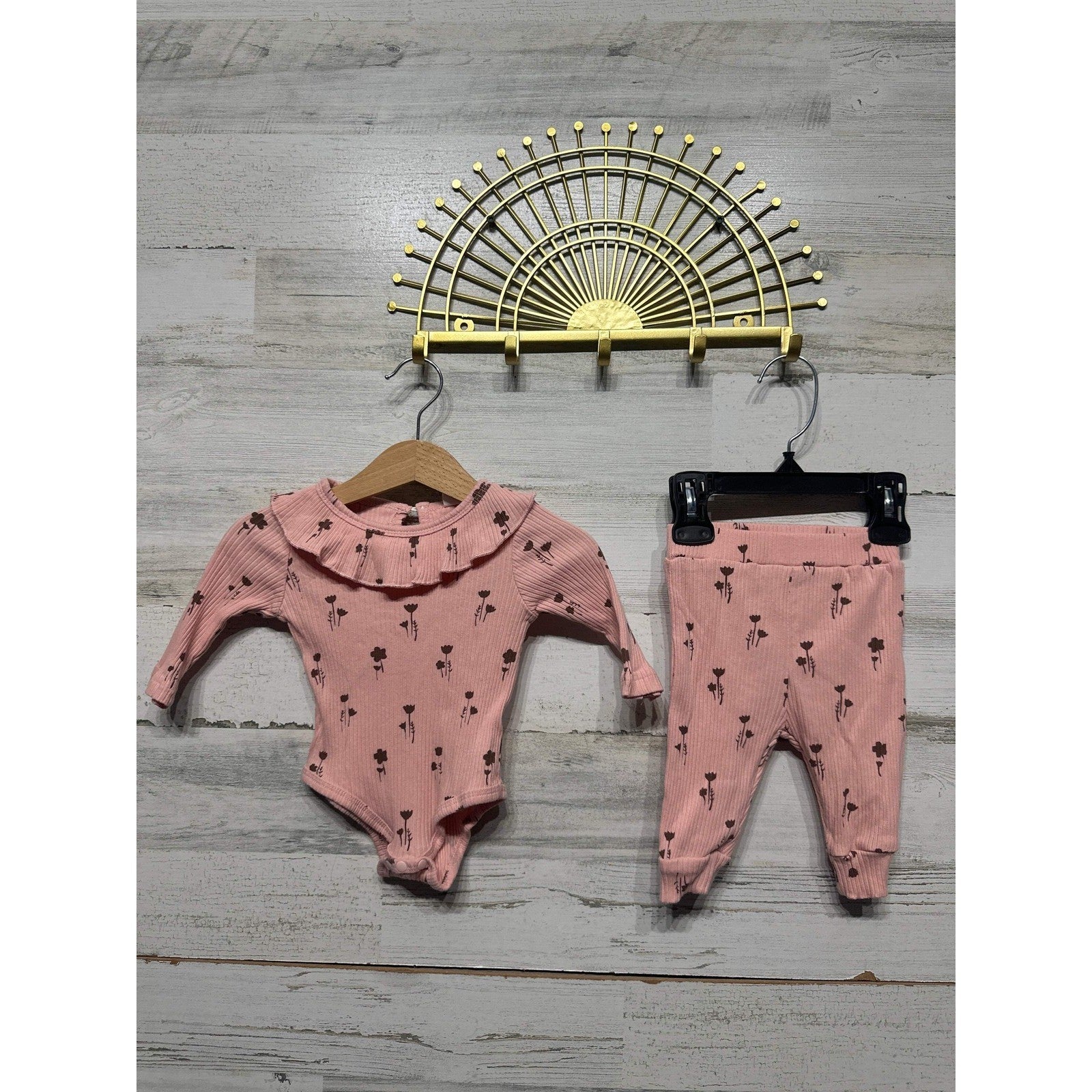 Floral Ruffle Bodysuit & Leggings Girls 1-3M Pink Ribbed Knit 2pc Set0