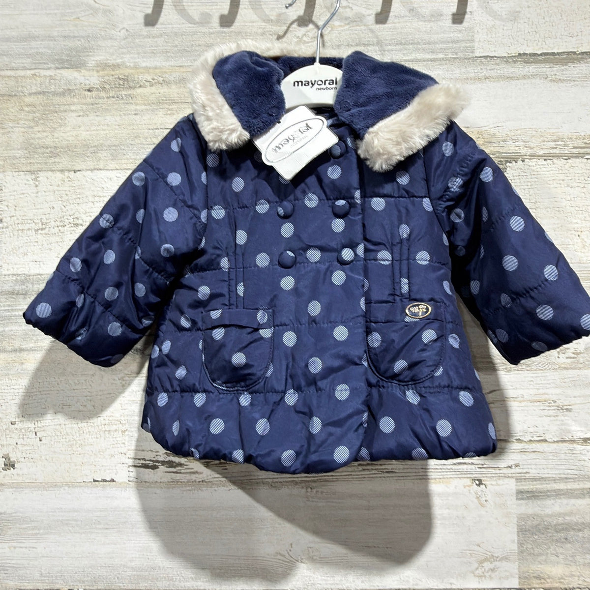 Mayoral Puffer Jacket Girls 2-4M Navy Blue Polka Dot Faux Fur Hood NWT0