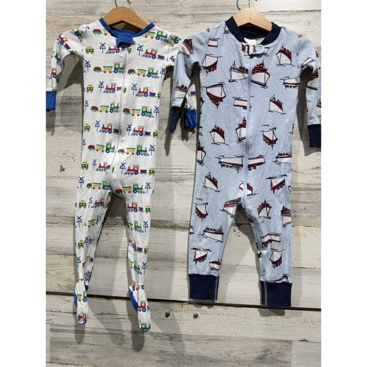 TBBC Hanna Andersson Cotton Sleepers Boys 18-24M Trains Boats Preppy EUC0