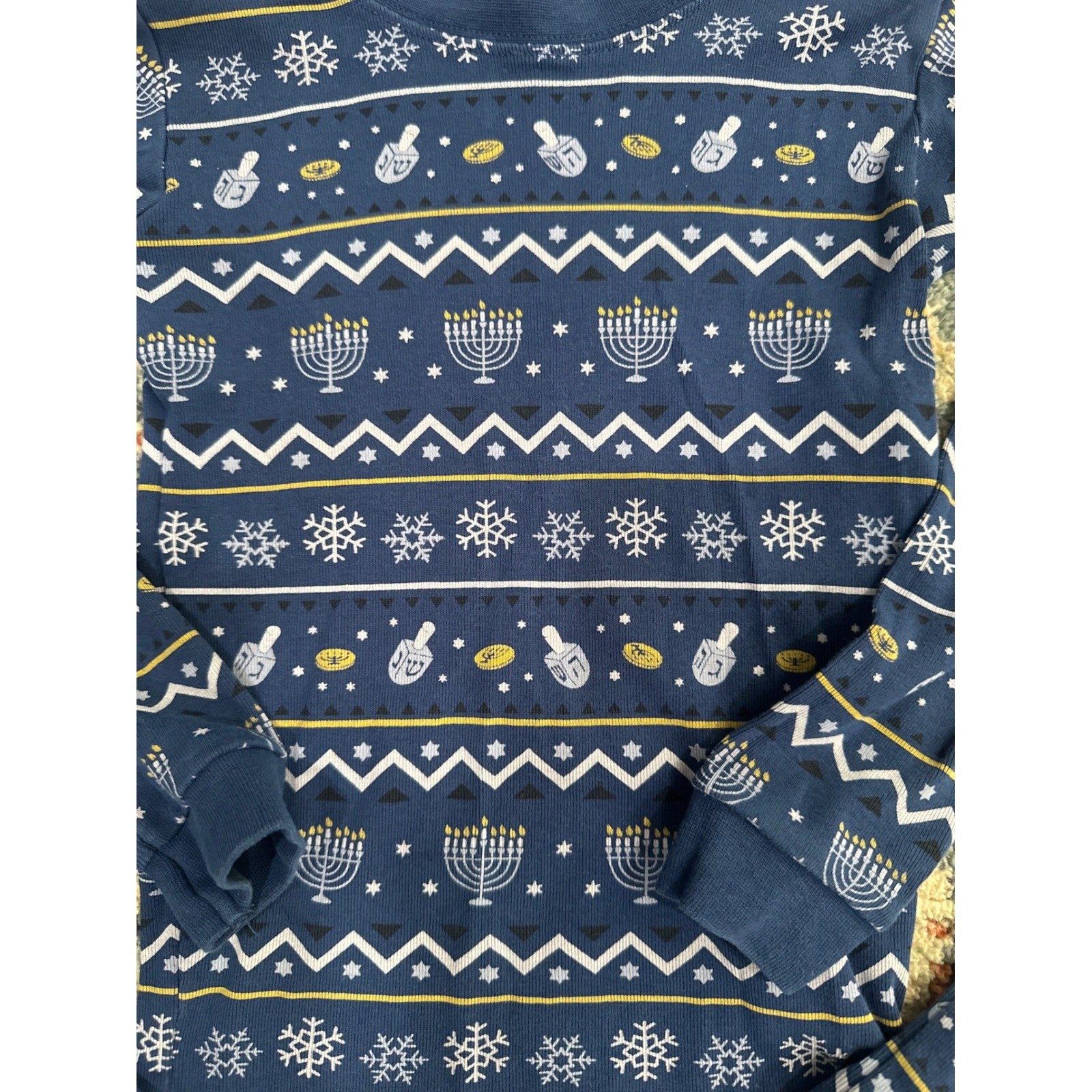 Petit Lem Pajama Set Boys 5 Navy Hanukkah Fair Isle Organic Cotton EUC1