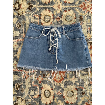 PACSUN Denim Mini Skirt Women 23 Blue Lace Up Raw Hem EUC0