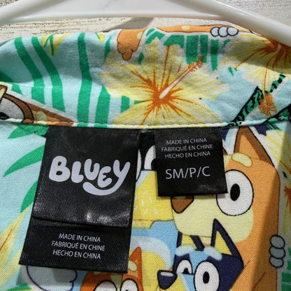Bluey Heeler Family Tropical Button Up Shirt Men Small Blue 100% Rayon Hawaiian1