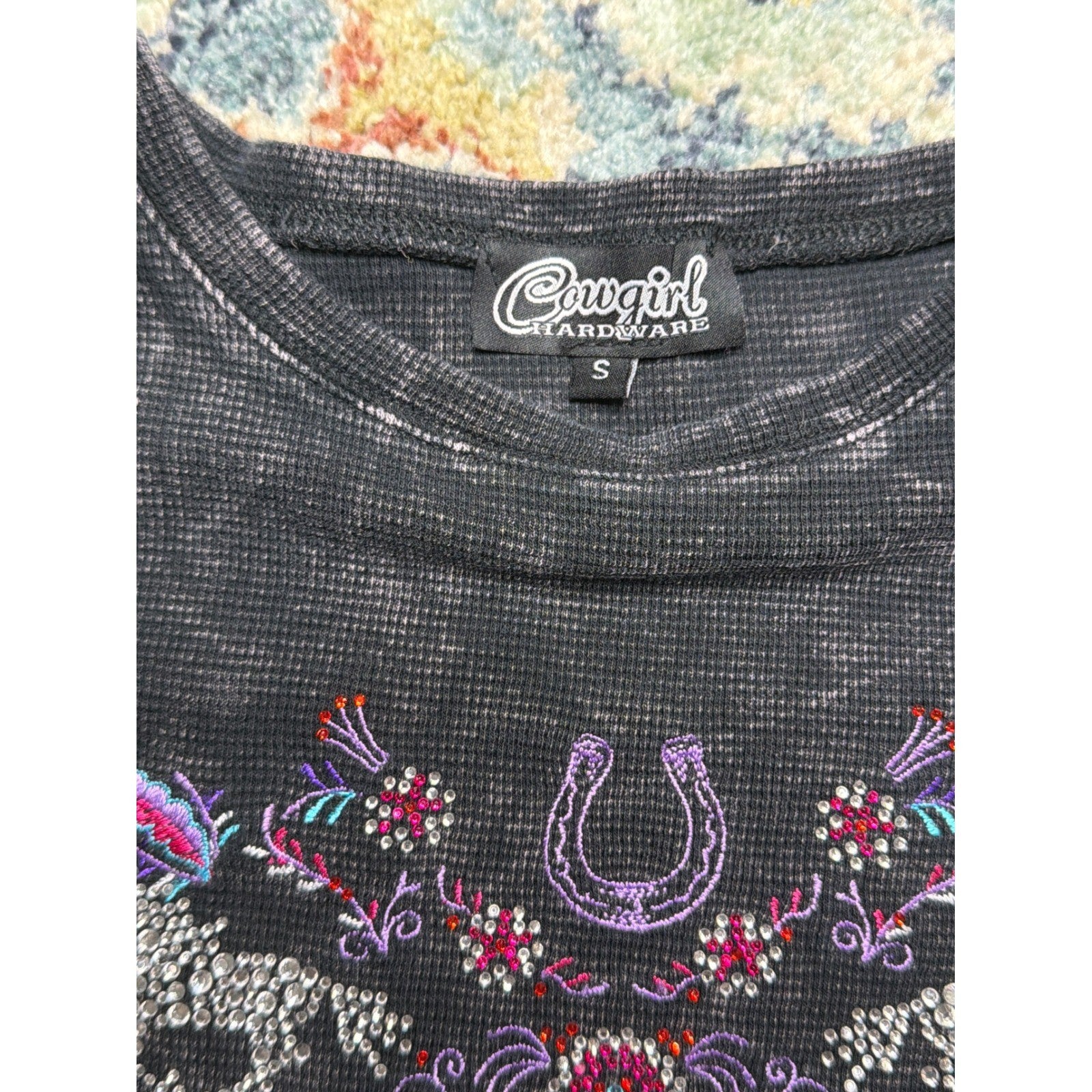 Cowgirl Hardware Thermal Shirt Girls Small Gray Rhinestone Horse Western EUC2