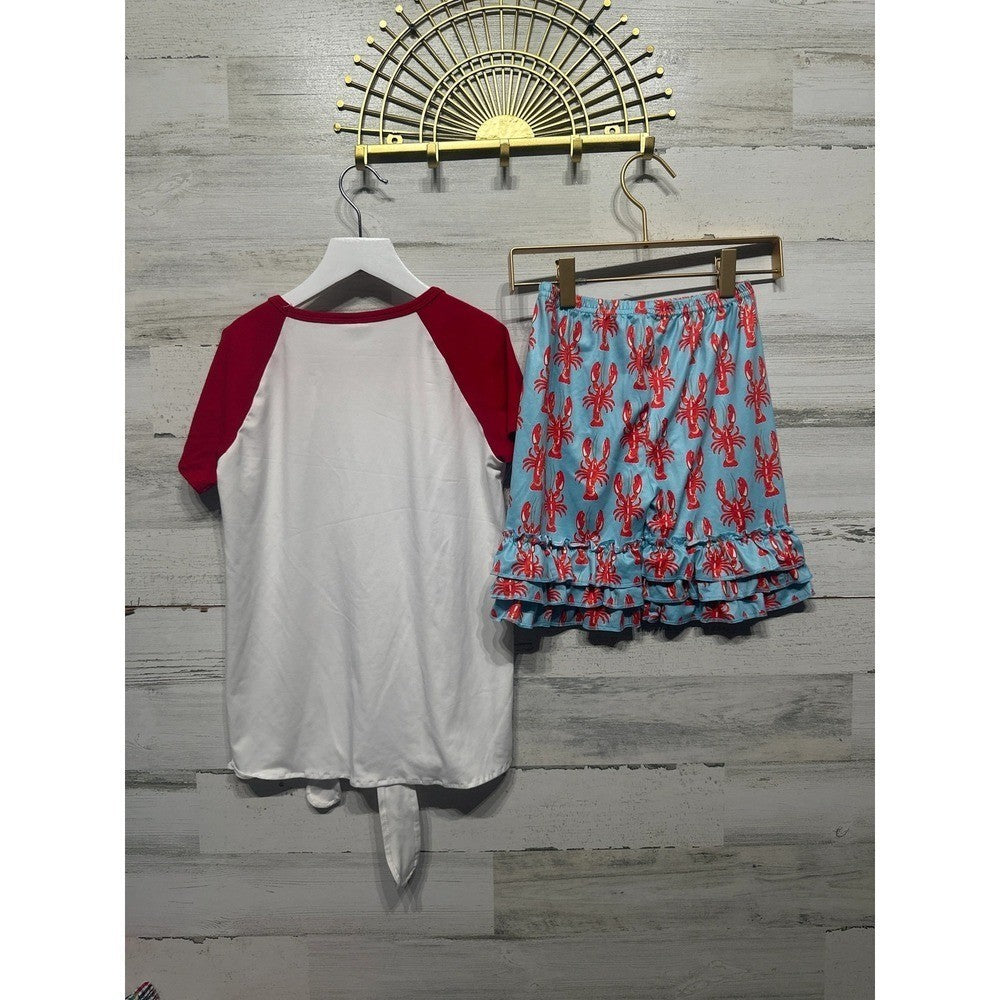 Short Set Girls 8-9 Blue Red Boil Babe Lobster Ruffle EUC1