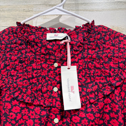 Vineyard Vines Wildflowers Pleated Yoke Top Women 12 Red Floral Preppy NWT1