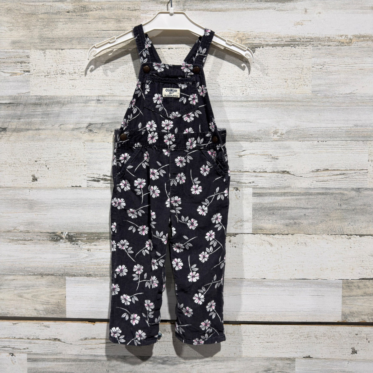 OshKosh B'gosh Floral Corduroy Overalls Girls 24M Black Pink Cotton0