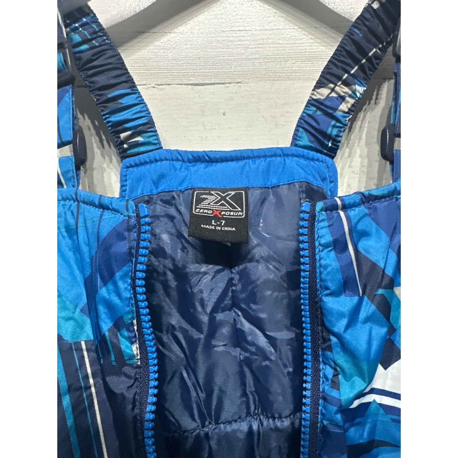 ZeroXposur Snow Bibs Boys Size 7 Blue Geometric Insulated Overalls EUC1