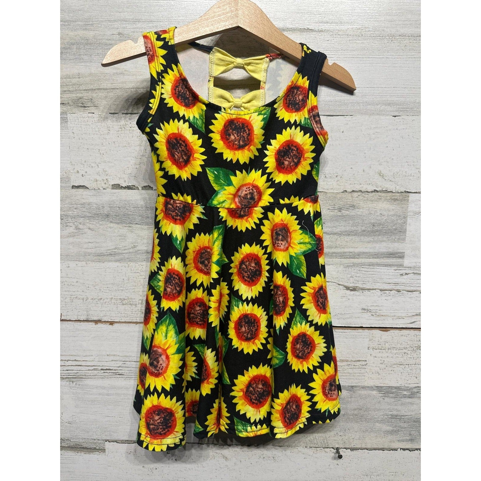 Boutique Sunflower Skater Dress Girls 2T Black Yellow Bow Back EUC0
