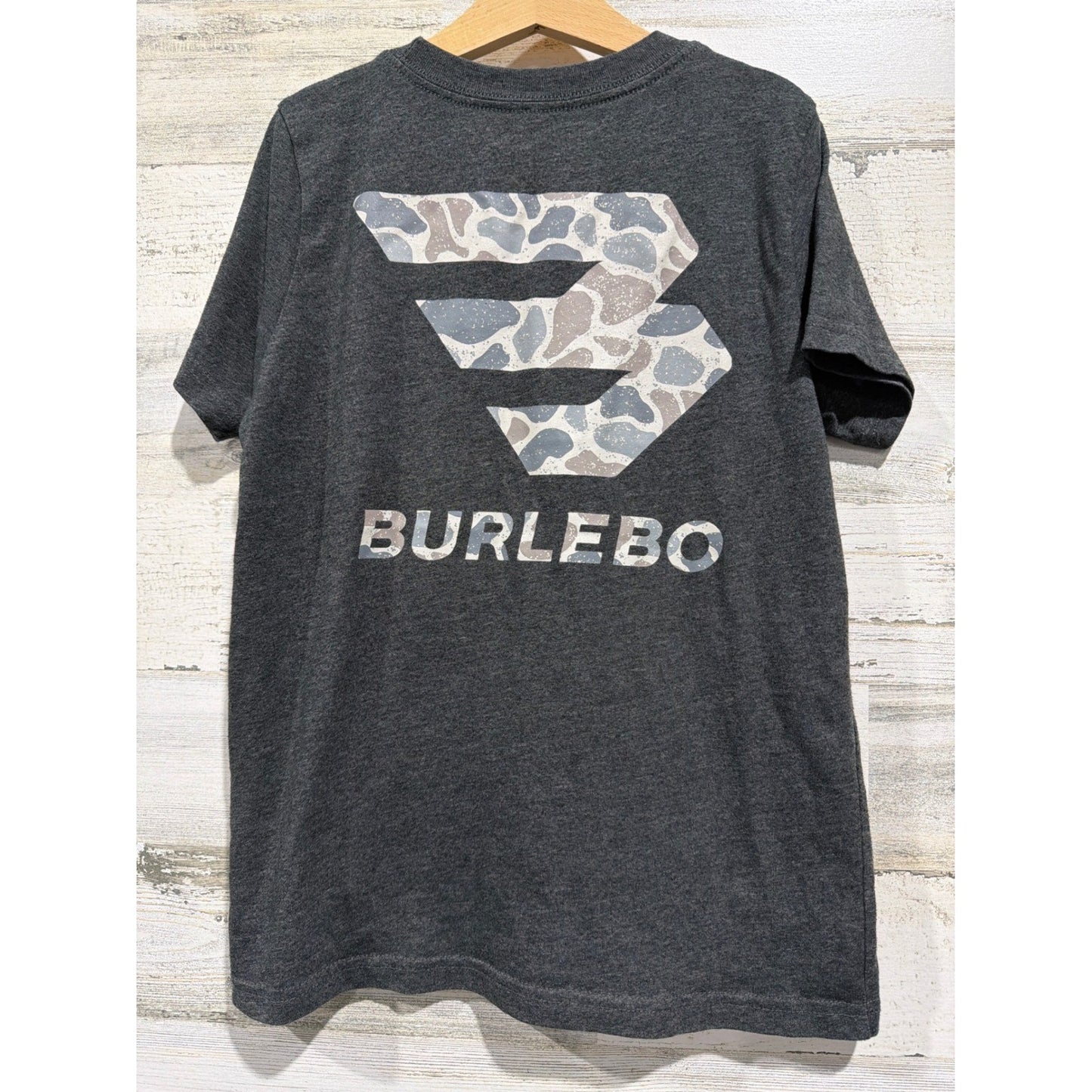 Burlebo T-Shirt Boys 8 Gray Camo Logo Graphic Outdoorsy EUC3