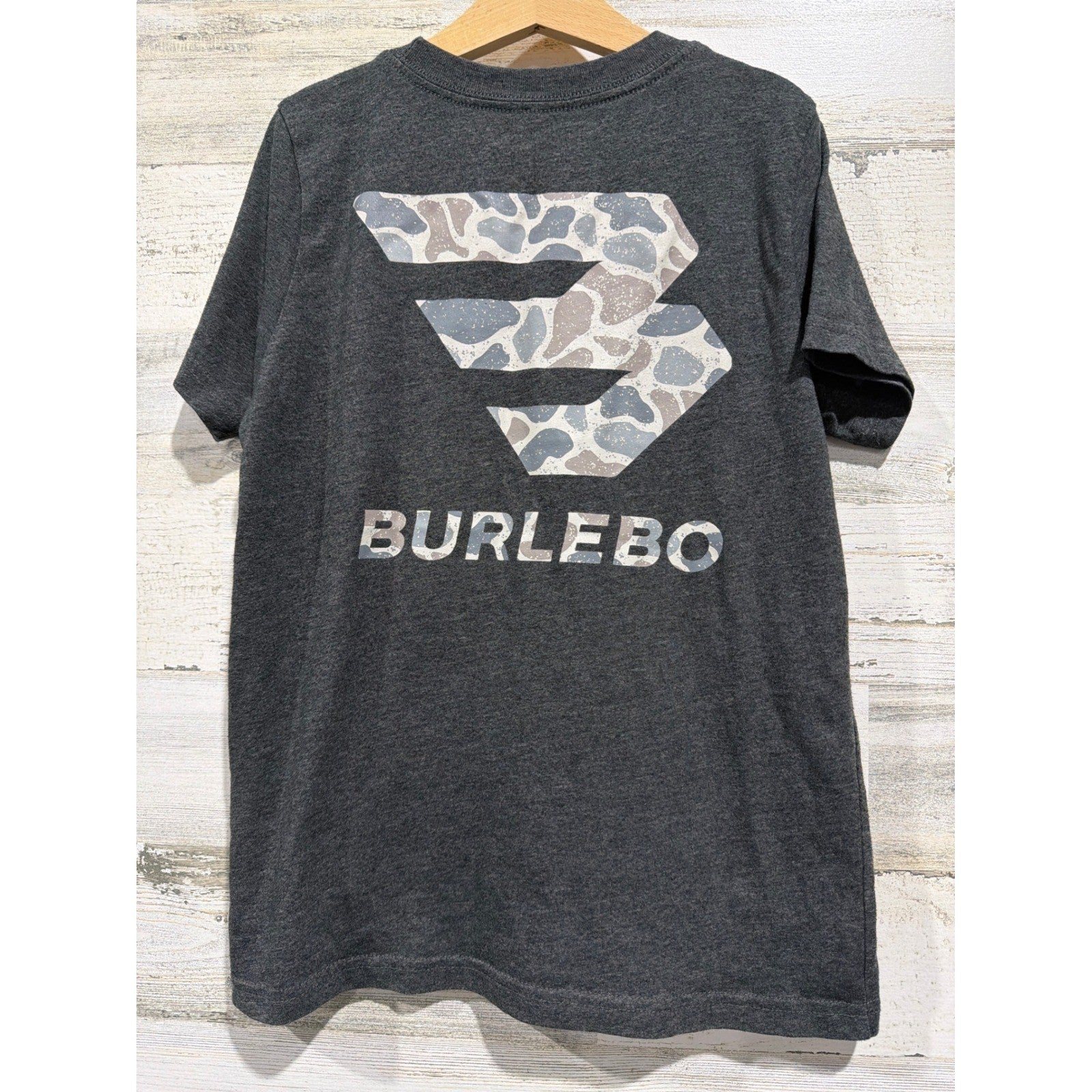 Burlebo T-Shirt Boys 8 Gray Camo Logo Graphic Outdoorsy EUC3