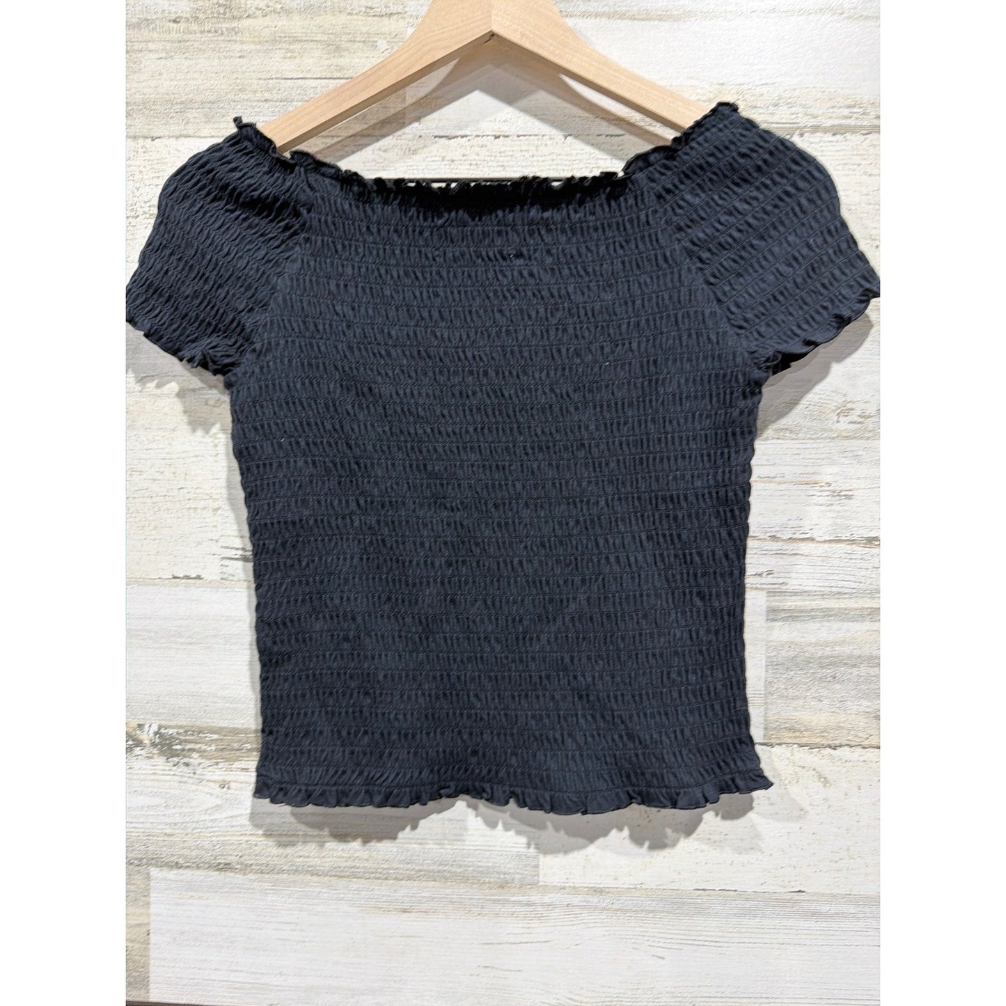 Abercrombie Smocked Top Girls 15/16 Black Off Shoulder Ruffle Coquette NWT3