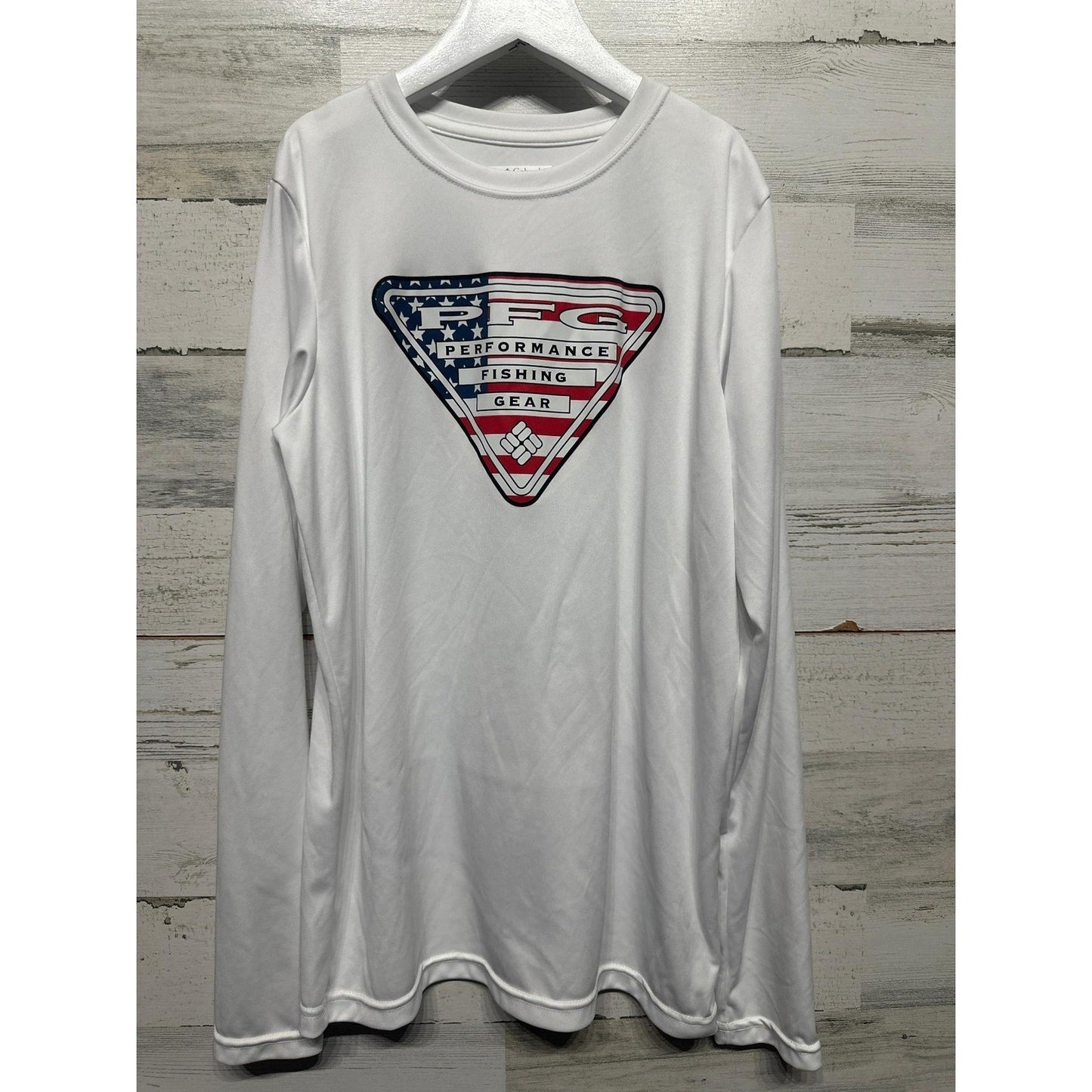 Columbia PFG Long Sleeve Shirt Boys L 14/16 White American Flag Logo0