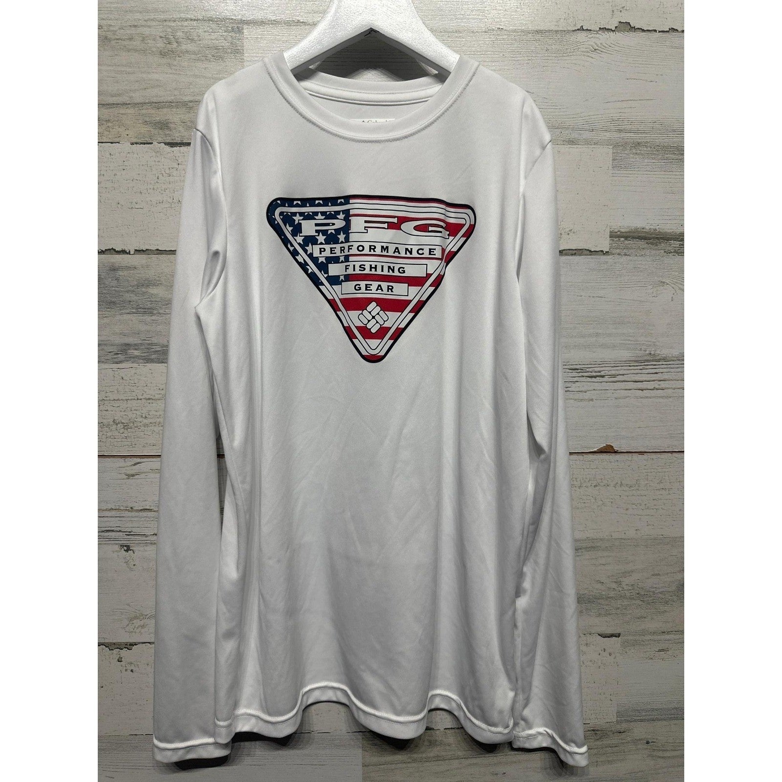 Columbia PFG Long Sleeve Shirt Boys L 14/16 White American Flag Logo0