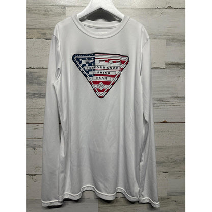 Columbia PFG Long Sleeve Shirt Boys L 14/16 White American Flag Logo0