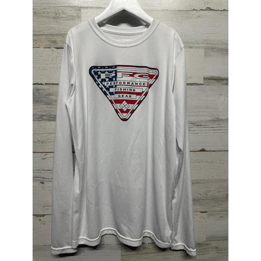 Columbia PFG Long Sleeve Shirt Boys L 14/16 White American Flag Logo0