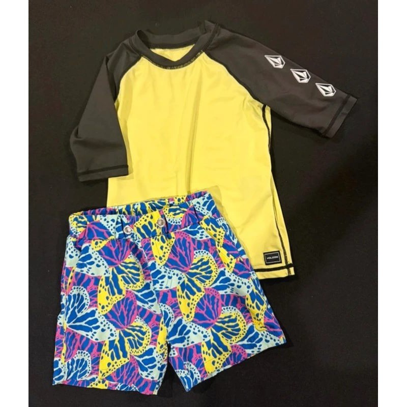 Volcom Blue Quail Swim Set Boys 4T Yellow Blue Butterfly Rash Guard Trunks GUC0