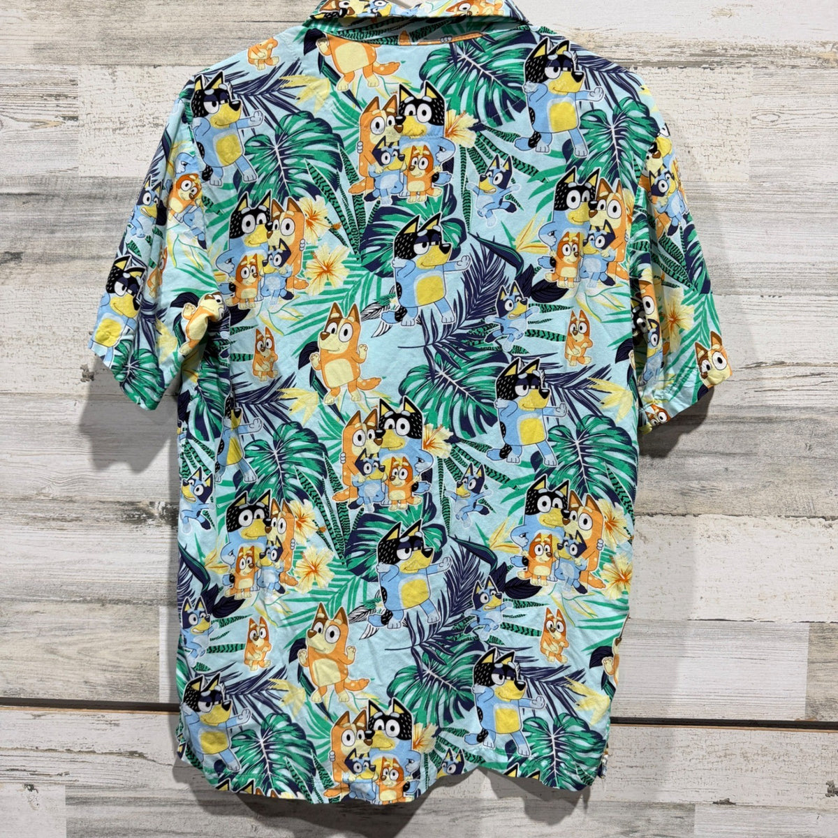 Bluey Heeler Family Tropical Button Up Shirt Men Small Blue 100% Rayon Hawaiian3