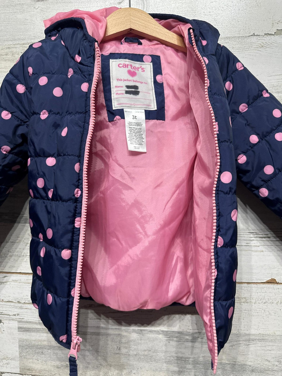 Carter's Puffer Jacket Girls 3T Navy Pink Polka Dot Hooded Zip Coat GUC*1