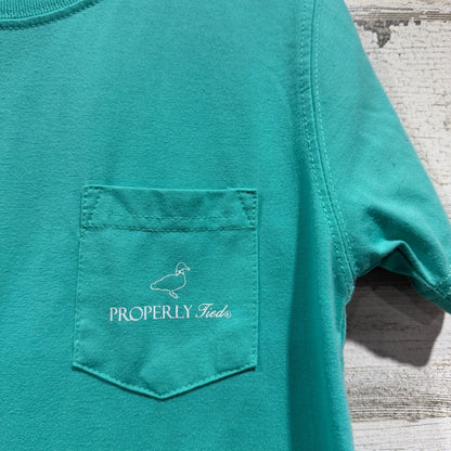 Properly Tied Pocket Tee Boys 6 Teal Mallard Duck Graphic Preppy EUC1
