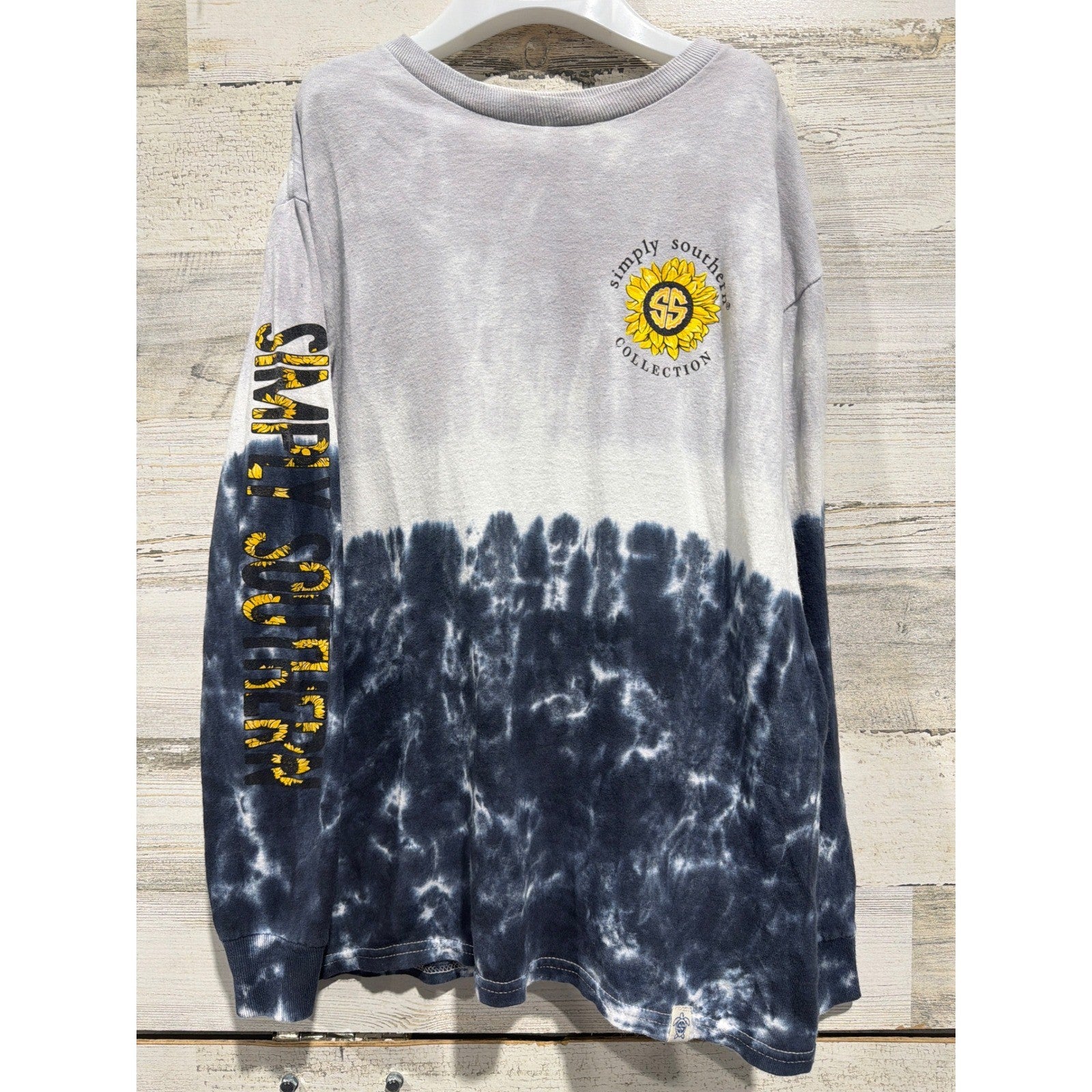 Simply Southern Long Sleeve Shirt Girls Medium Grey Navy Tie Dye Sunflower1
