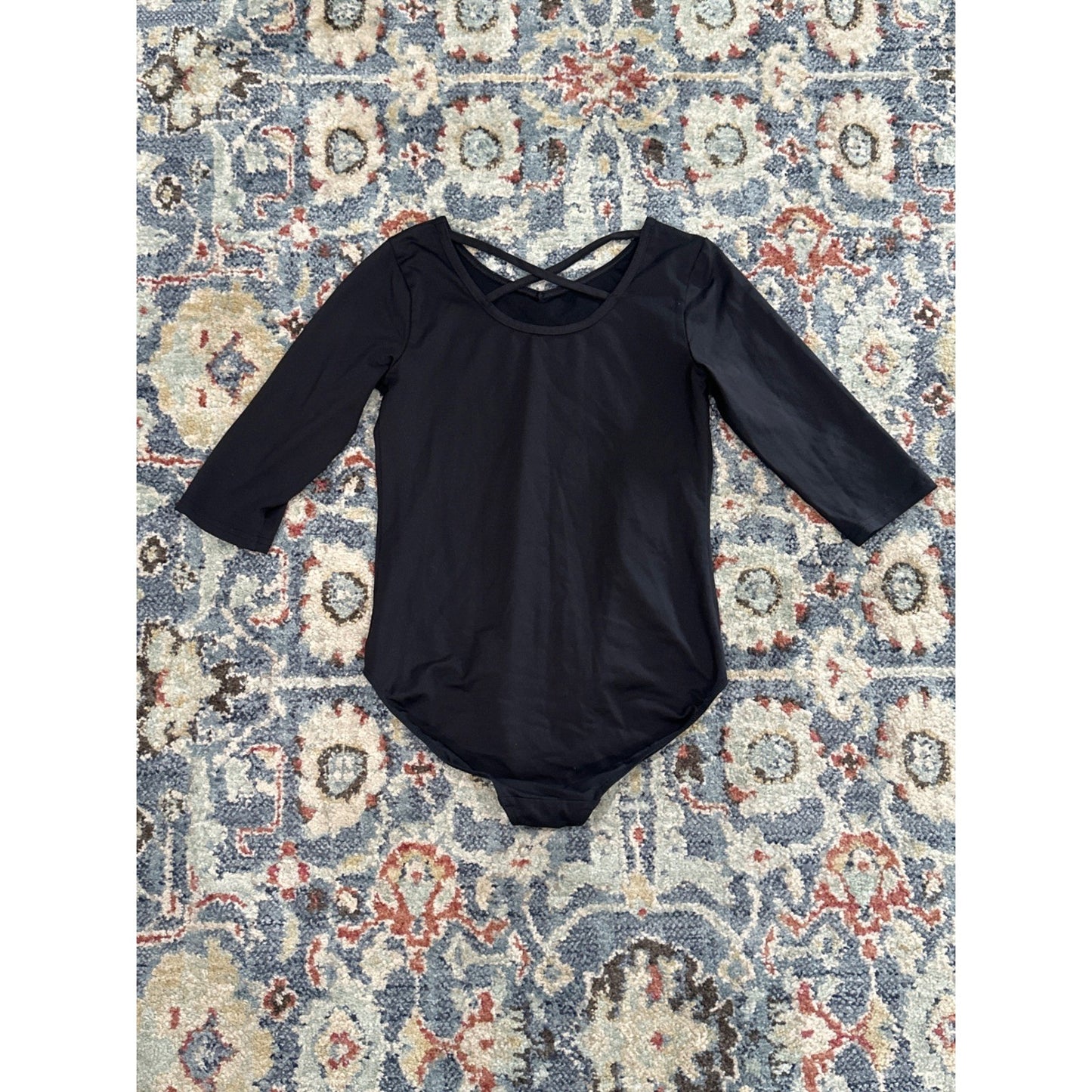 Danskin Leotard Girls 14/16 XL Black Criss Cross Back 3/4 Sleeve EUC2