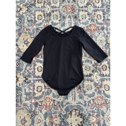 Danskin Leotard Girls 14/16 XL Black Criss Cross Back 3/4 Sleeve EUC2
