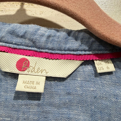 Boden Embroidered Parrot Blouse Women 6 Blue Linen Tropical Boho EUC4