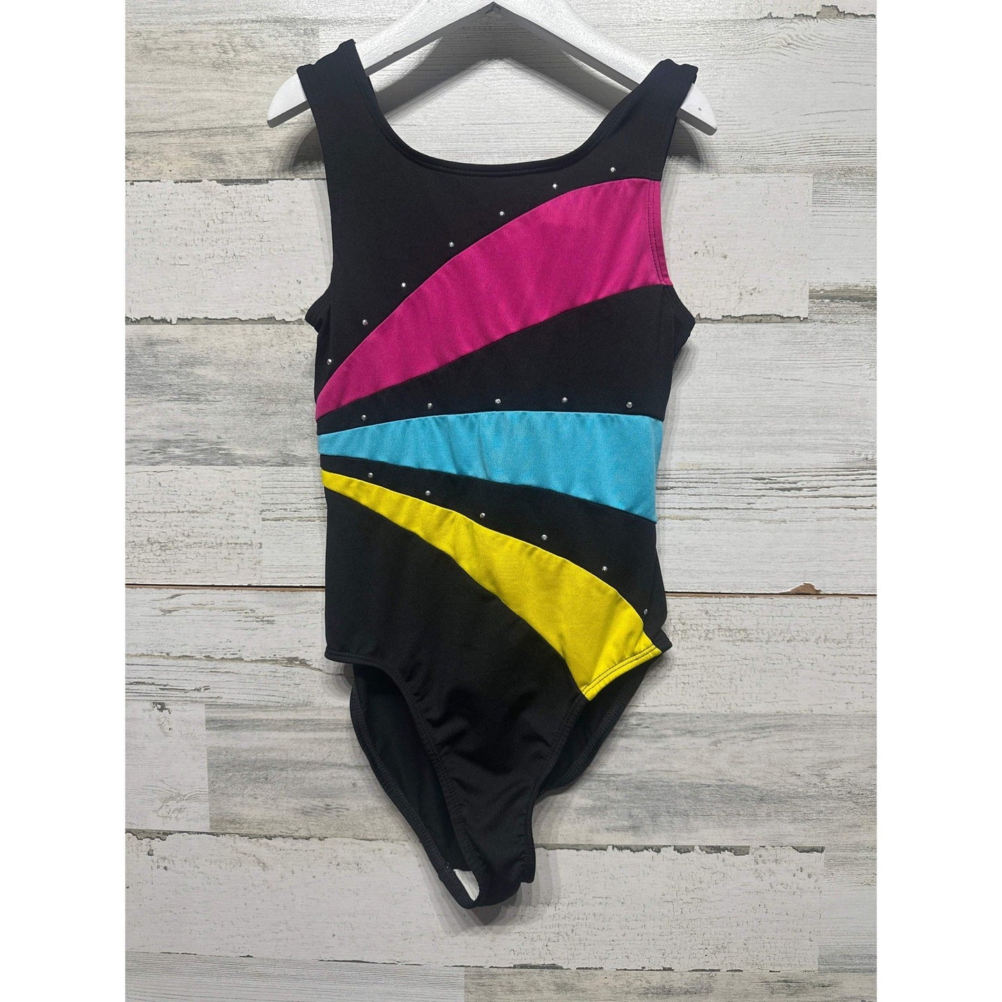 Moret Active Leotard Girls 8-10 Black Pink Blue Rhinestone Colorblock EUC0