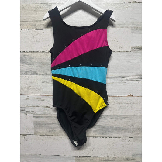 Moret Active Leotard Girls 8-10 Black Pink Blue Rhinestone Colorblock EUC0