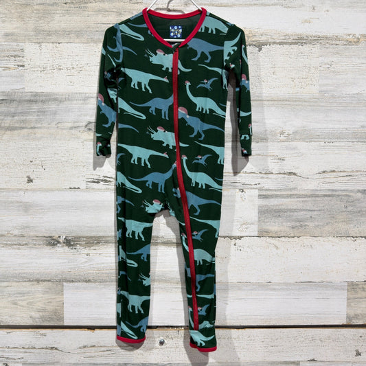 KicKee Kids Footless Romper Boys 2T Green Christmas Dinosaur Bamboo GUC0