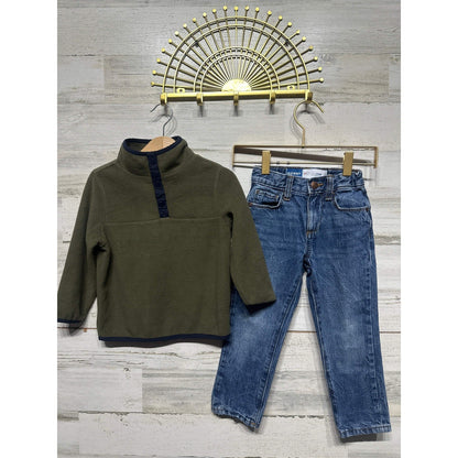 Old Navy Fleece Pullover and Jeans Set Boys 3T Green Blue Casual EUC0