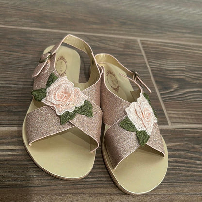 Joyfolie Aria Sandals Girls Size 3 Rose Gold Glitter Floral Embroidery EUC0