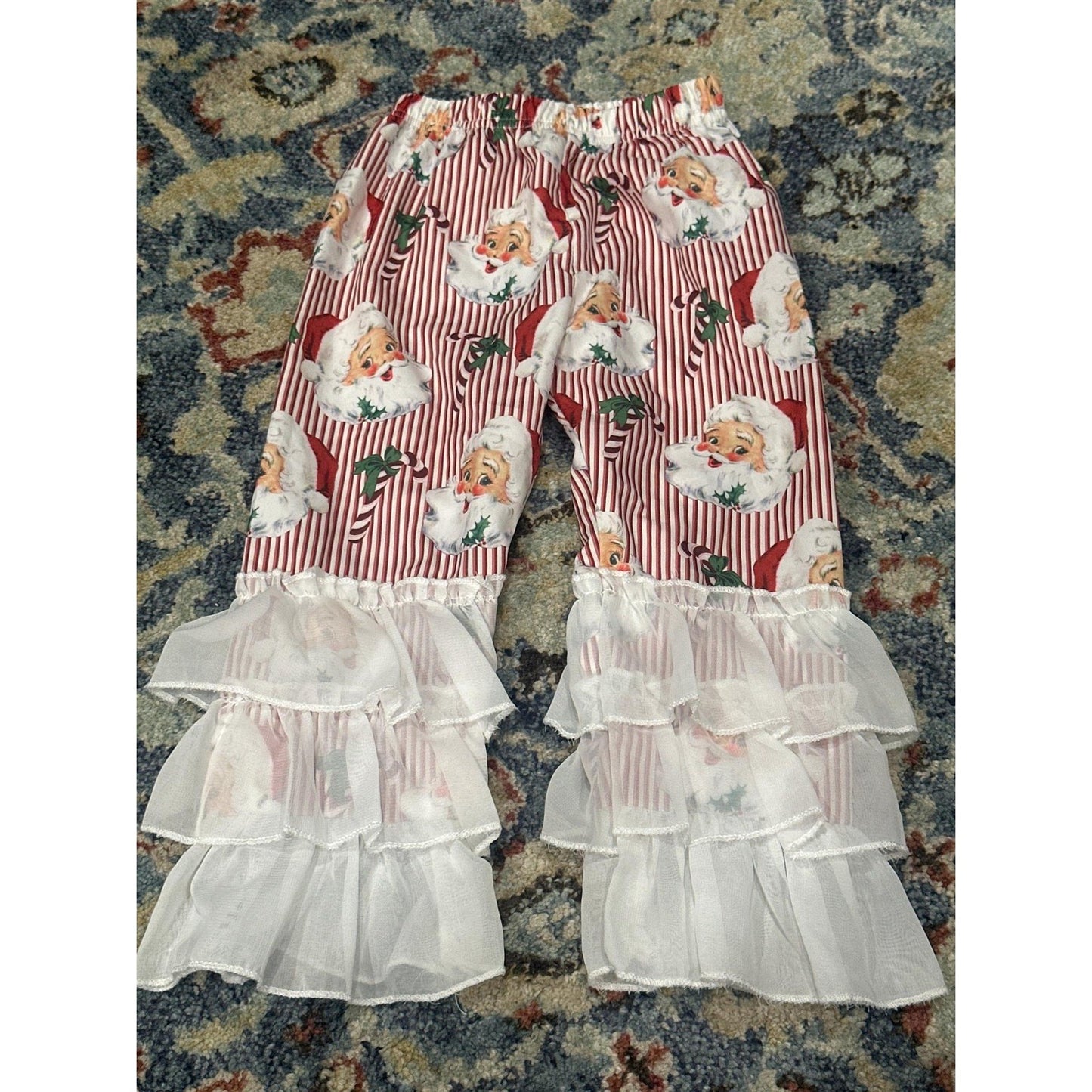 Boutique Santa Ruffle Pants Girls 3T Red White Striped Holiday Christmas EUC0
