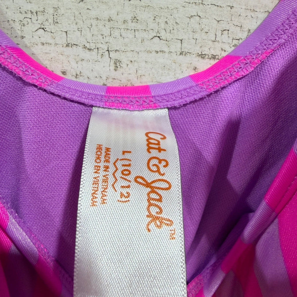 Cat & Jack Striped Ruffle One Piece Swimsuit Girls L 10/12 Pink Purple NWT3