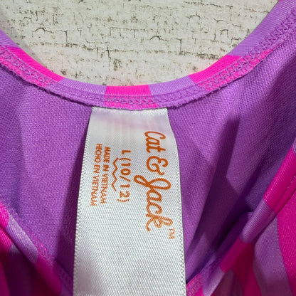 Cat & Jack Striped Ruffle One Piece Swimsuit Girls L 10/12 Pink Purple NWT3